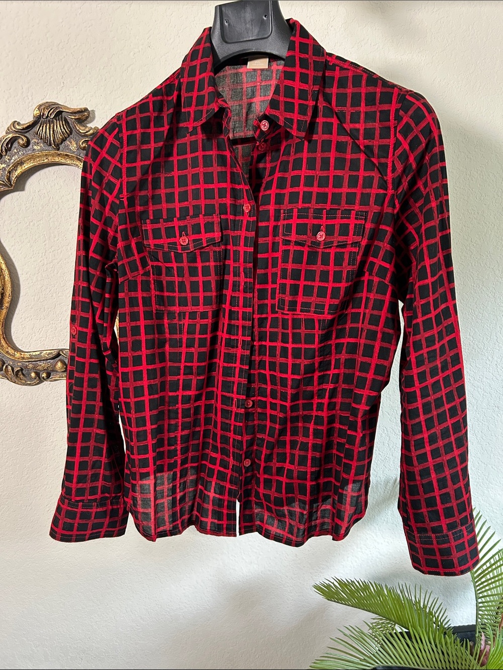 Michael Kors Red and Black Grid Button-Up Shirt